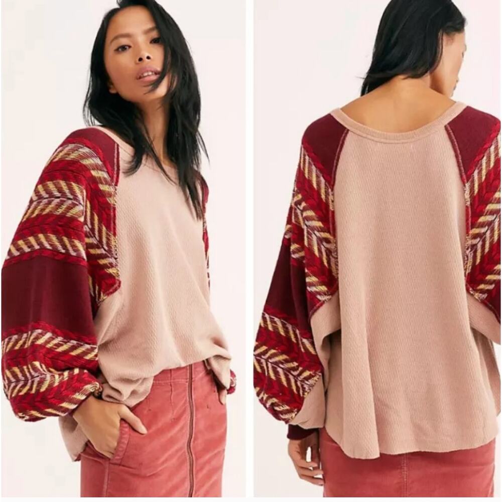 Free People Rainbow Dreams Thermal Plaid Balloon Sleeve Top Boho XS Pink